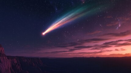 Fototapeta premium comet burning in the night sky over a distant planet, with colorful gas clouds generative ai