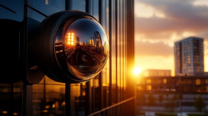 Security Camera Reflecting City Skyline at Sunset