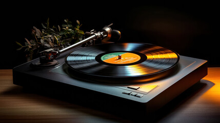 vintage vinyl record spinning on turntable with soft lighting