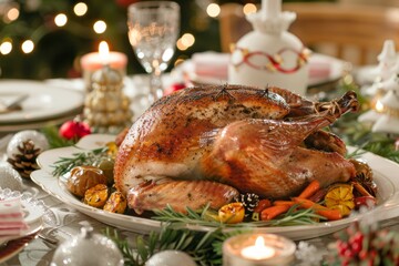 Festive christmas dinner table featuring roasted turkey and holiday decor
