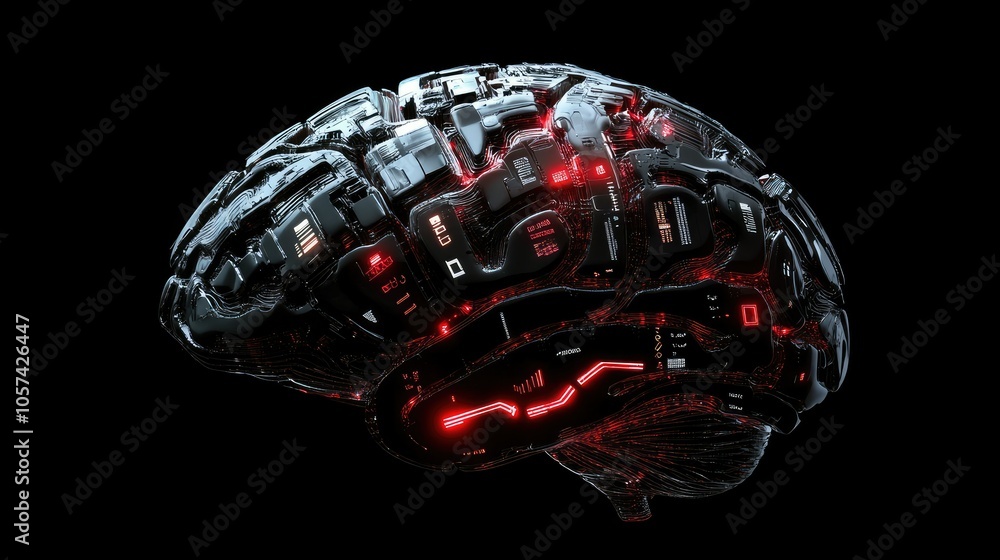 Poster Futuristic human brain connected to artificial intelligence system, representing data analysis