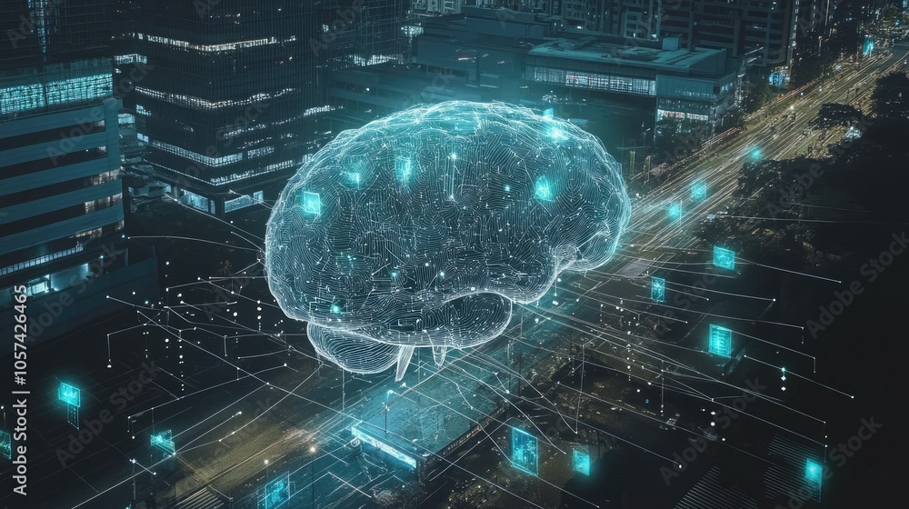 Aufkleber futuristic human brain connected to artificial intelligence system, representing data analysis
