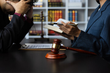 Concept of legal justice, verdict and judgment. Businessman stressed after losing court case and...
