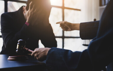 Naklejka premium Concept of legal justice, verdict and judgment. Businessman stressed after losing court case and going bankrupt.