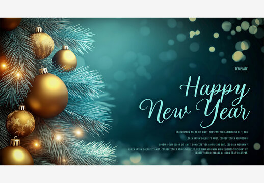 Holiday Templates: Christmas Tree with Gold Ornaments & New Year Wishes Amidst Bokeh Lights Magic Generative AI