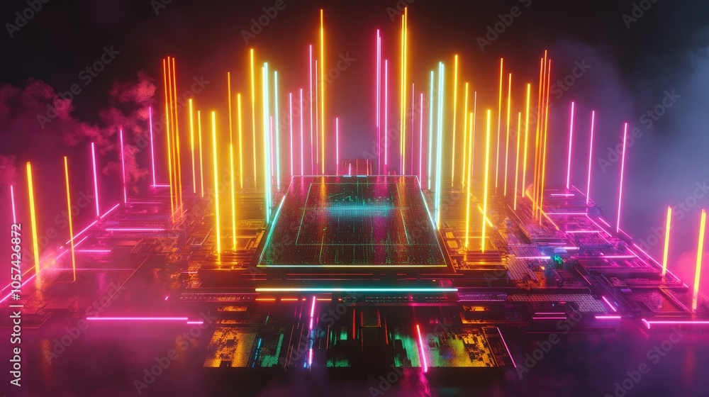 Aufkleber glowing ai chip with streaming data lines, neon lights illuminating its intricate structure