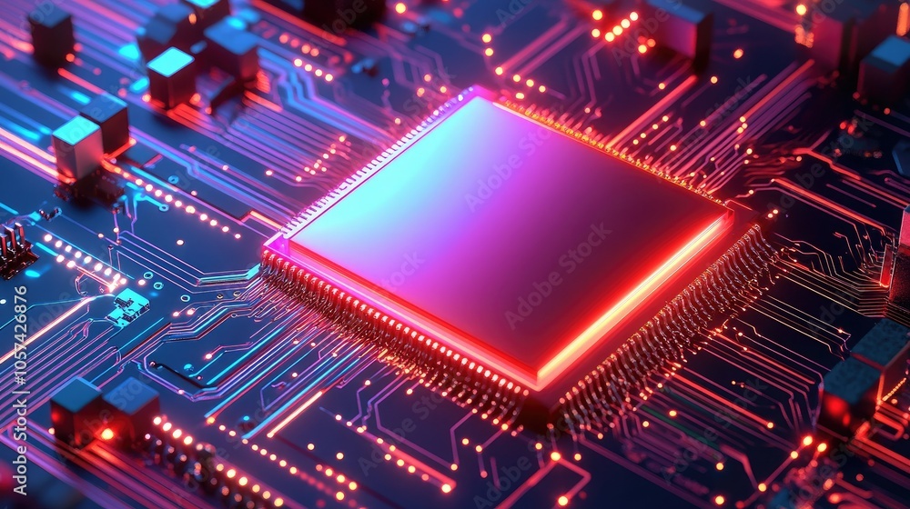 Aufkleber glowing ai chip with streaming data lines, neon lights illuminating its intricate structure