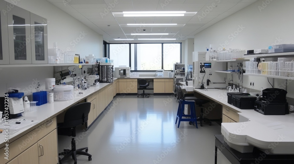 Poster high-tech biotech lab filled with equipment and synthetic tissues, showing cutting-edge research