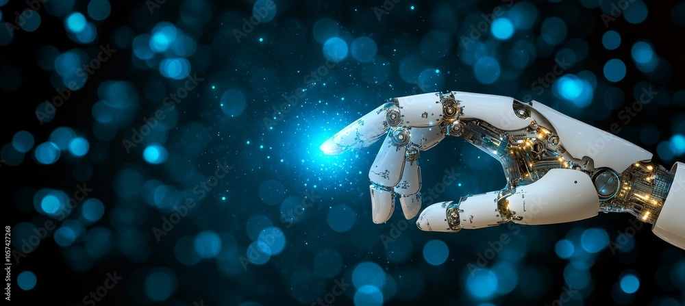 Poster robot hand touching light particles, artificial intelligence and machine learning concept