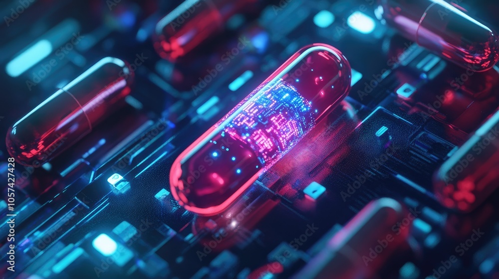 Poster high-tech pill concept, futuristic digital overlay representing ai integration in medicine
