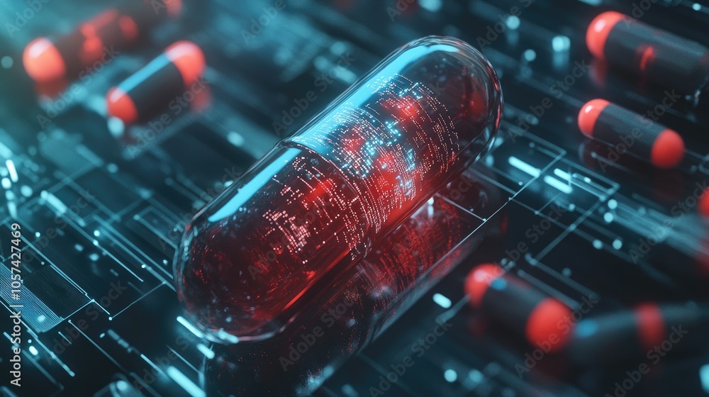 Poster high-tech pill concept, futuristic digital overlay representing ai integration in medicine