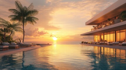 Modern hotel poolside with a stunning view of the ocean