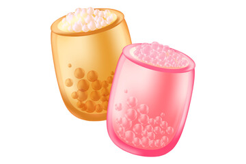 Cute 3D bubble tea cup with different flavours isolated, transparent PNG. Bubble strawberry milk tea decoration with glowing glass texture. Great for menu, delivery price, boba drinks presentation.