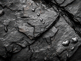 Close-up view of wet volcanic rocks shimmering under rain, showing natural textures and patterns.