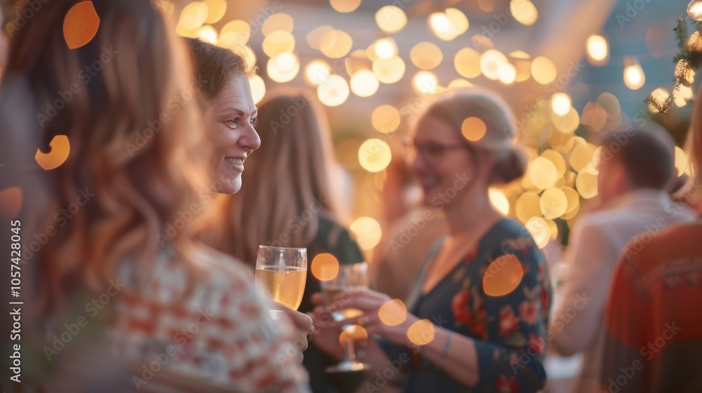 Poster a hint of laughter and conversation from the defocused guests their festive attire adding pops of co