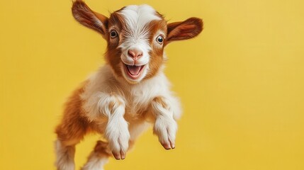 Cute baby goat jumping on a solid yellow background, lively and joyful