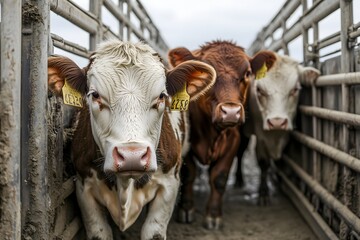Row of dairy cows looking through barn stalls with numbered tags, modern cattle farming and livestock breeding concept
