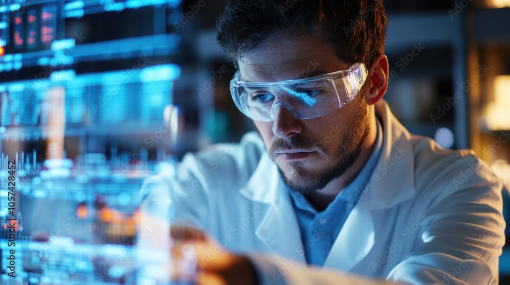 Poster modern scientist analyzing data on a transparent