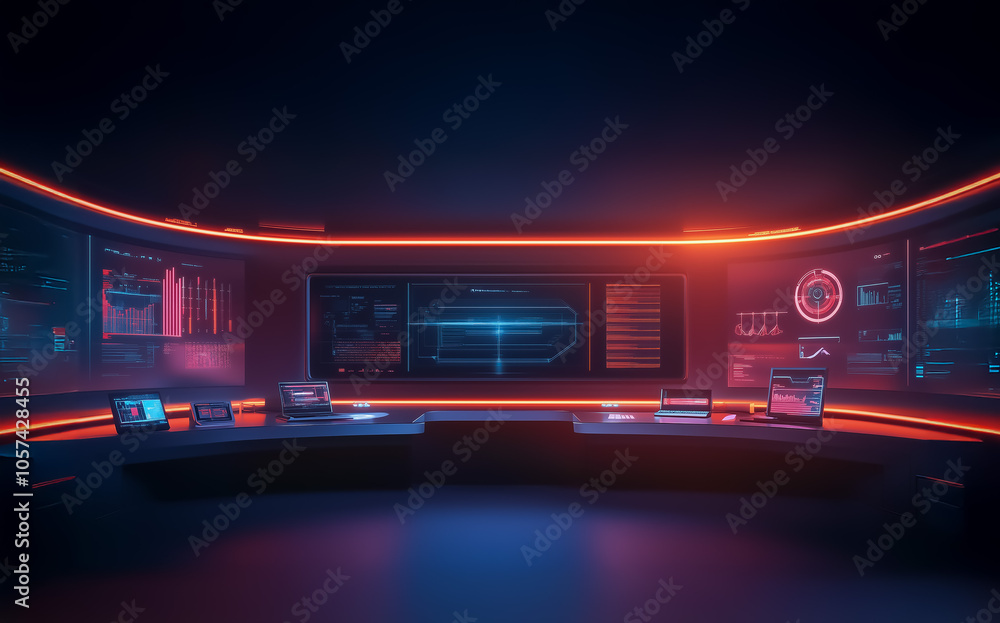 Poster high-tech workspace with curved monitors, neon-lit display showcasing digital interfaces, set in a d