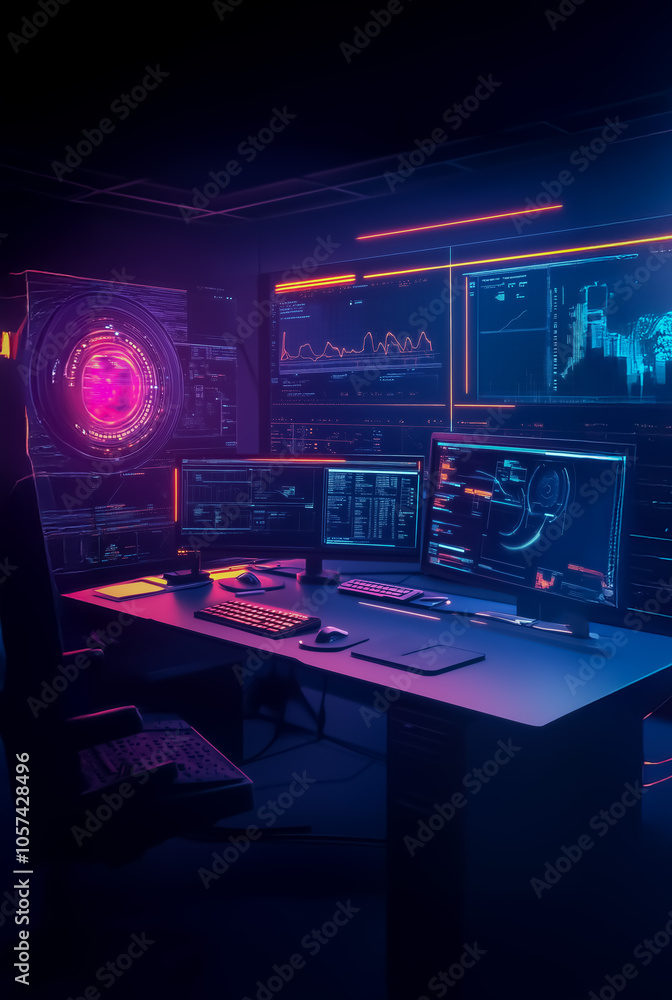 Poster futuristic workspace featuring high-tech monitors, illuminated with neon blue and pink lights, showc