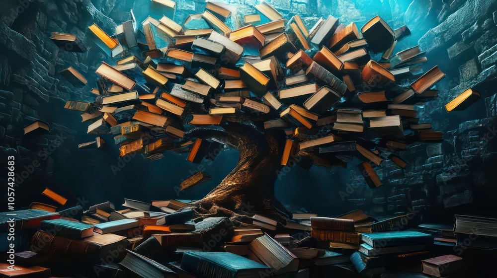 Aufkleber a surreal tree made of books, symbolizing knowledge and creativity in a mystical setting.