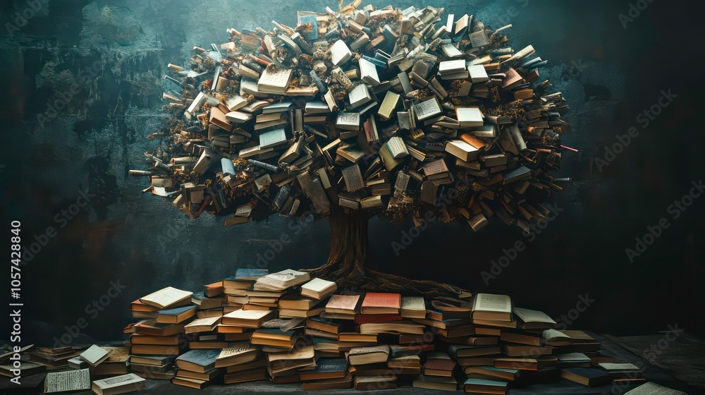 Poster a creative representation of a tree made of books, symbolizing knowledge and growth.
