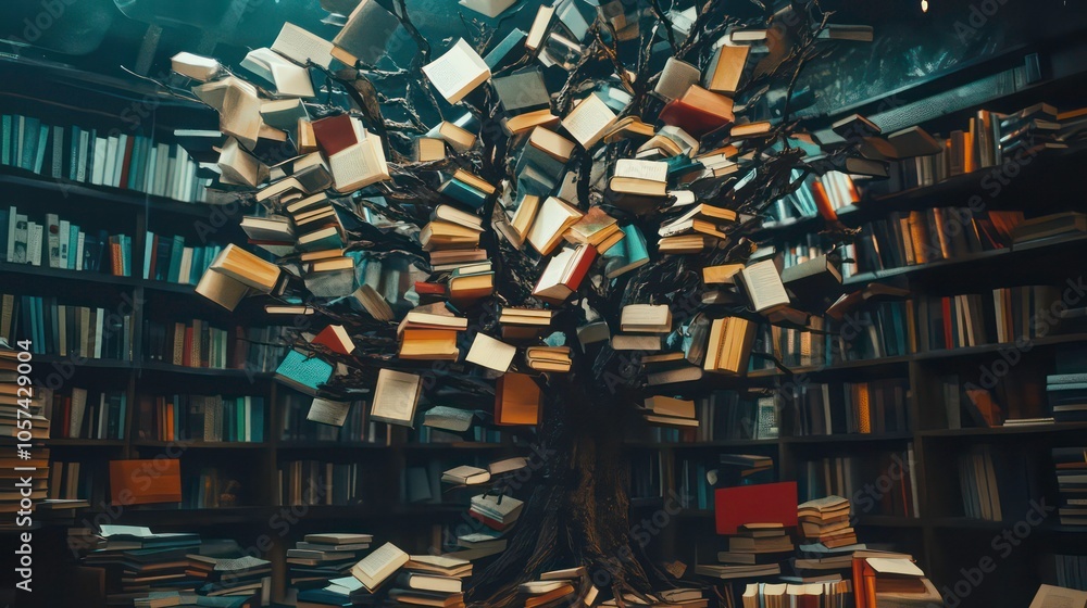 Poster a whimsical tree made of books in a library setting, symbolizing knowledge and imagination.