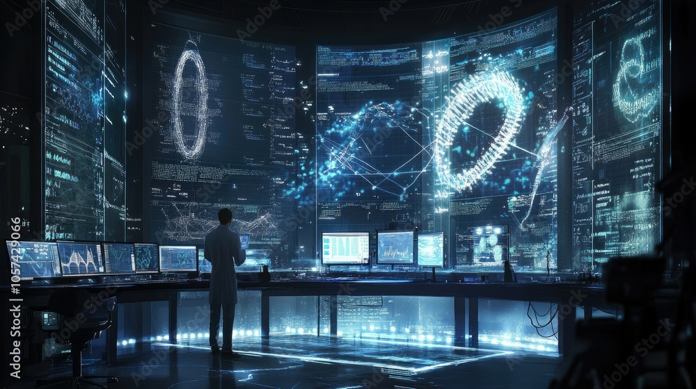 Poster Modern lab with a medical scientist reviewing DNA samples and scientific data on advanced digital screens