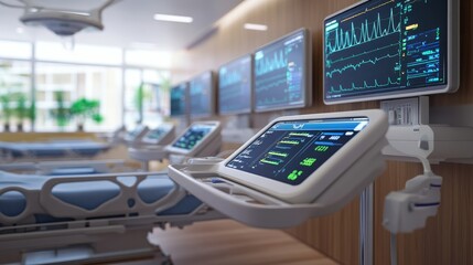 Modern hospital room with electronic medical records displayed on multiple screens for diagnosis