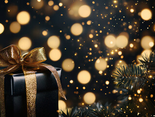 Elegant gift box with a golden ribbon amidst festive bokeh lights and evergreen branches.