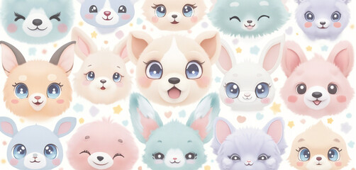 Cute Cartoon Animal Faces with Variety of Expressions on White Background