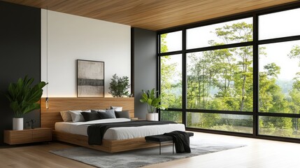 Modern Bedroom Interior Design with Wooden Bed and Forest View