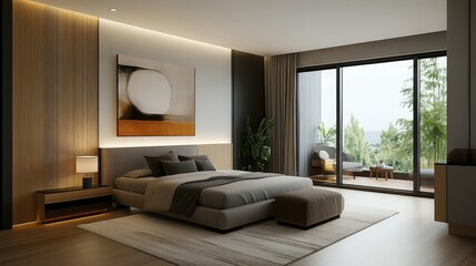 Modern Bedroom Interior Design with Wooden Wall and Large Window