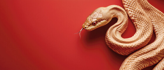 Obraz premium Close-up of a striking golden snake on a vibrant red background