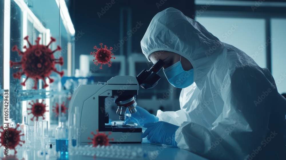 Aufkleber scientist in a lab studying flu virus samples under a microscope