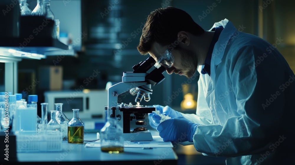 Poster scientist in a lab studying flu virus samples under a microscope