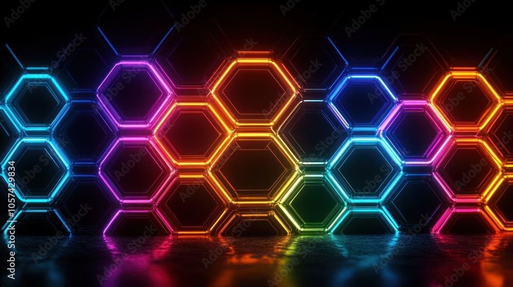 Poster a vibrant display of glowing hexagonal shapes in a dark setting.