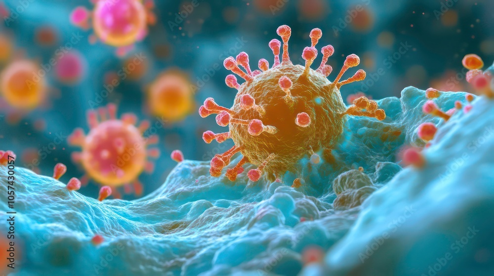 Aufkleber Close-up illustration of viruses in a biological context, highlighting their structure and interaction.