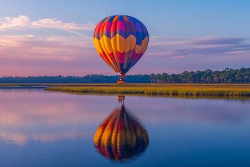 Fototapeta premium Colorful hot air balloons flying over mountain, Hot air balloon above high mountain at sunrise or sunset. 