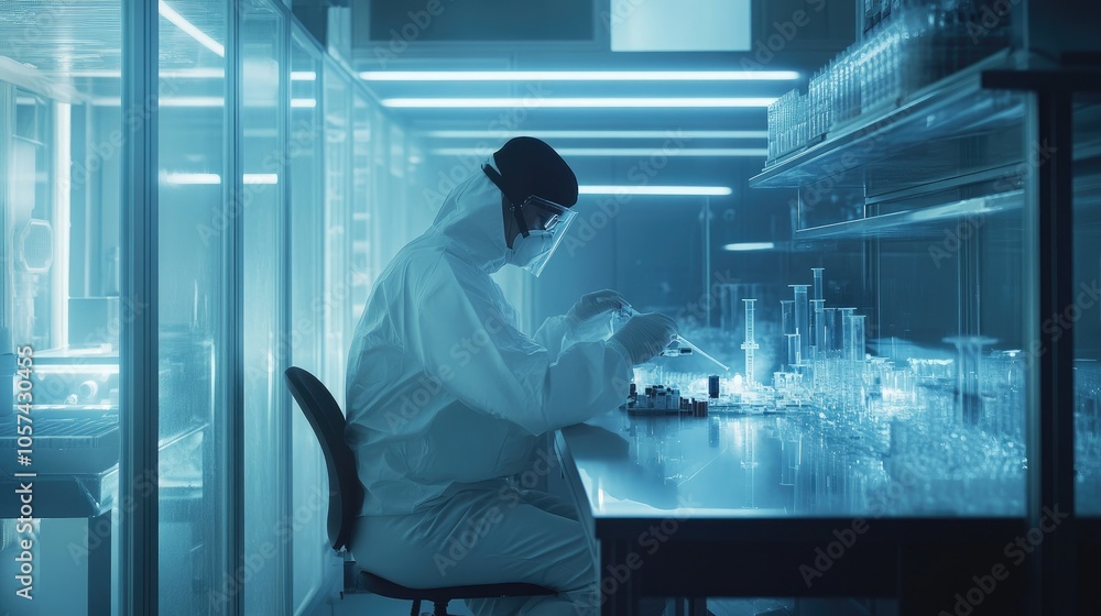 Poster scientist working in a sterile cleanroom, developing advanced electronics for medical applications