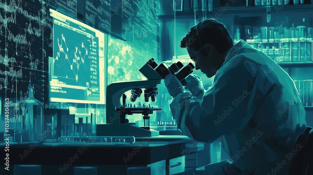 Poster scientist working with dna sequencing equipment in a sterile lab setting, analyzing genetic samples 