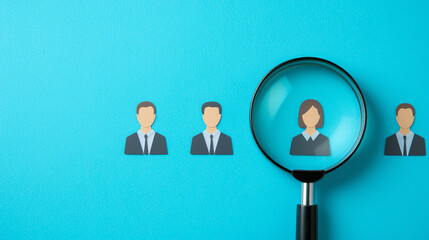 Magnifying glass highlighting job applicant skills, symbolizing targeted talent recruitment in HR
