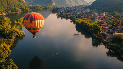 Fototapeta premium Colorful hot air balloons flying over mountain, Hot air balloon above high mountain at sunrise or sunset. 