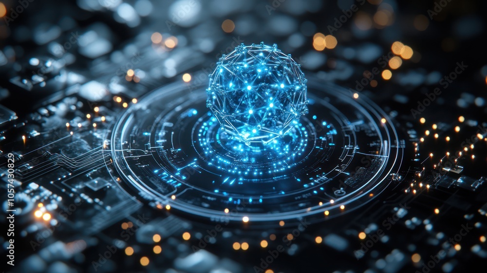 Poster a glowing blue sphere surrounded by a circular interface on a black background, representing a digit