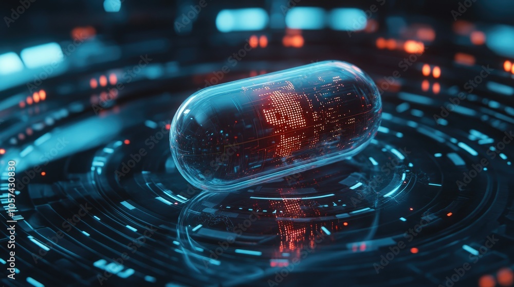 Poster Smart pill with AI technology inside, holographic data display surrounding it