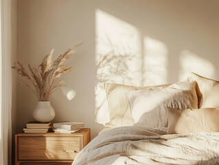 Cozy bedroom corner with soft sunlight, neutral tones, and a touch of nature.
