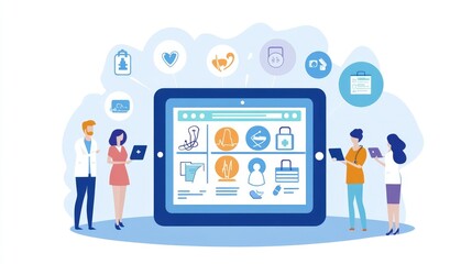 Tablet displaying electronic medical record with icons for data sharing, privacy, and patient care