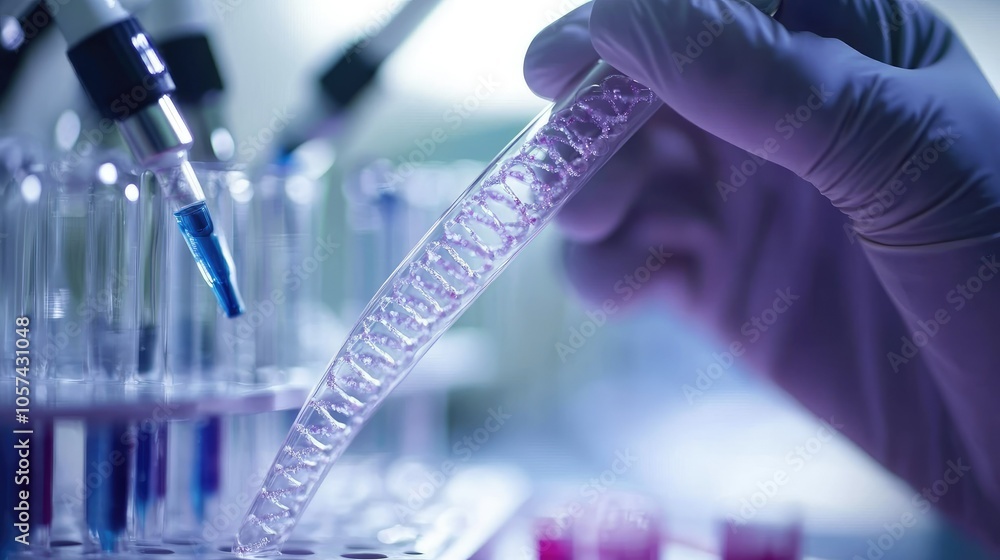 Poster team of scientists researching dna analysis with a focus on gene editing and biotechnology in a lab
