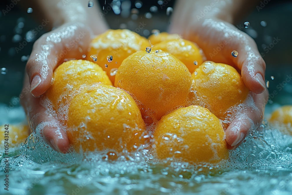 Poster hands holding a cluster of oranges, splashed with water, creating a refreshing scene.