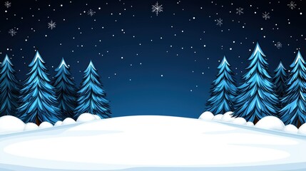 Obraz premium serene winter landscape featuring snow covered ground and frosty pine trees under starry night sky. Perfect for holiday themes and seasonal designs.
